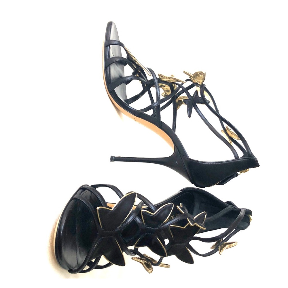 Exquisite Casadei Black and Gold Stiletto Sandals